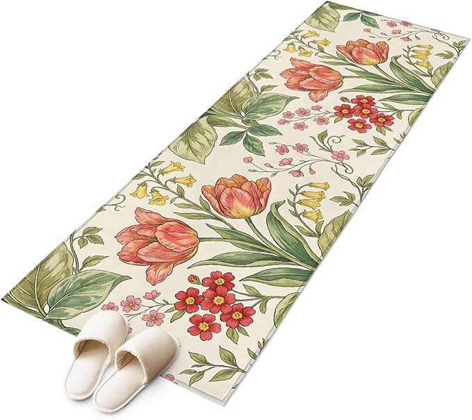 Runner Rug for Bedroom Hallway, Vintage Tulips Red Daisies Kitchen Runner Rugs Area Rug 2x6ft, Yellow Blooms Floral Pattern Washable Soft Floor Carpet for Entryway Stair