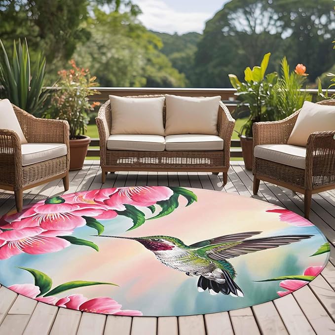 Washable Round Area Rug Hummingbird Flower Peach Blossom Circle Rugs Floor Carpet for Living Room Bedroom, Nature Oil Painting Art Soft Non Slip Round Rug 5ft