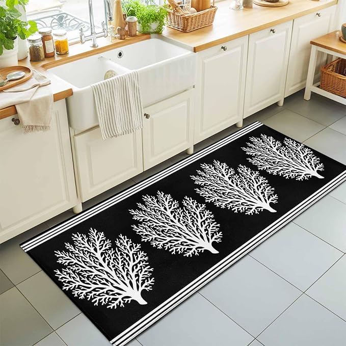 Runner Rug for Bedroom Hallway, Coastal Coral Reef Texture Kitchen Runner Rugs Area Rug 2x6ft, Ocean Theme Black White Washable Soft Floor Carpet for Entryway Stair