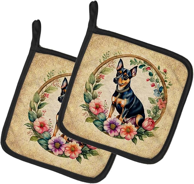 Caroline's Treasures Miniature Pinscher and Flowers Pair of Pot Holders Kitchen Heat Resistant Pot Holders Sets Oven Hot Pads for Cooking Baking BBQ, 7 1/2 x 7 1/2