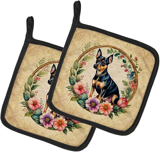 Caroline's Treasures Miniature Pinscher and Flowers Pair of Pot Holders Kitchen Heat Resistant Pot Holders Sets Oven Hot Pads for Cooking Baking BBQ, 7 1/2 x 7 1/2