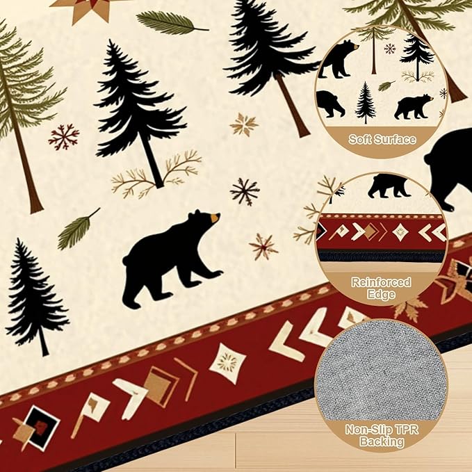 8x10 Area Rugs for Bedroom Boho Washable Man Cave Rug for Living Room Rustic Bear Pine Tree Forest Winter Elements Soft Rubber Backed Non-Slip Large Carpets for Boys