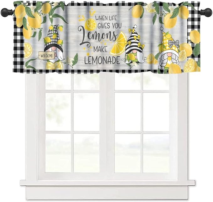 Lemon Gnome Curtain Valance for Kitchen, Yellow Fruit Black White Buffalo Plaid Wooden Farmhouse Decor Window Treatment for Dining Bedroom Living Room Cafe Resturant Home Decoration, 54x18Inch