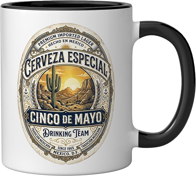 Cinco De Mayo Drinking Team Cerveza Beer Label Ceramic Mug, Black/White