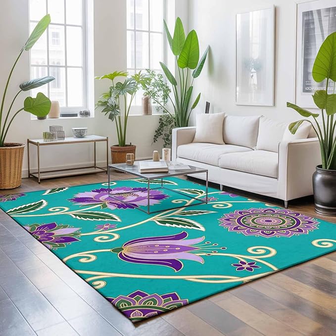 Area Rug 9x12ft, Bohemian Purple Flowers Washable Rugs for Living Room Bedroom Rectangle Floor Carpet, Paisley Floral Art Soft Non-Slip Area Rugs for Dining Room
