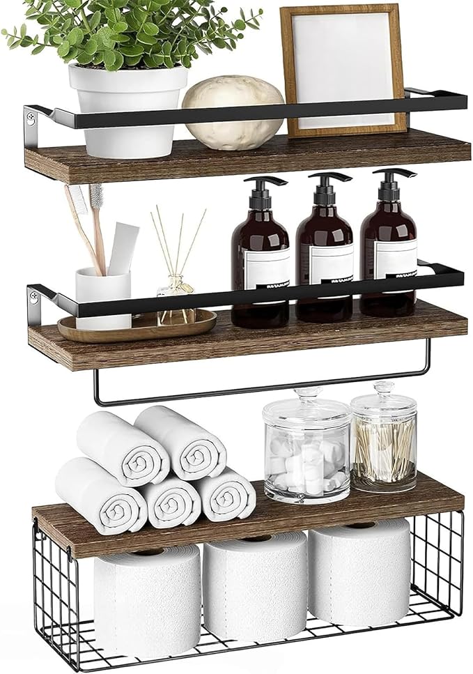 Upgrade Towel Racks for Bathroom Wall Mounted, 3 Pack Floating Shelves with Storage Basket, Bathroom Organizes, Wall Mounted Rustic Wood Shelves for Bedroom, Living Room, Kitchen (Brown)