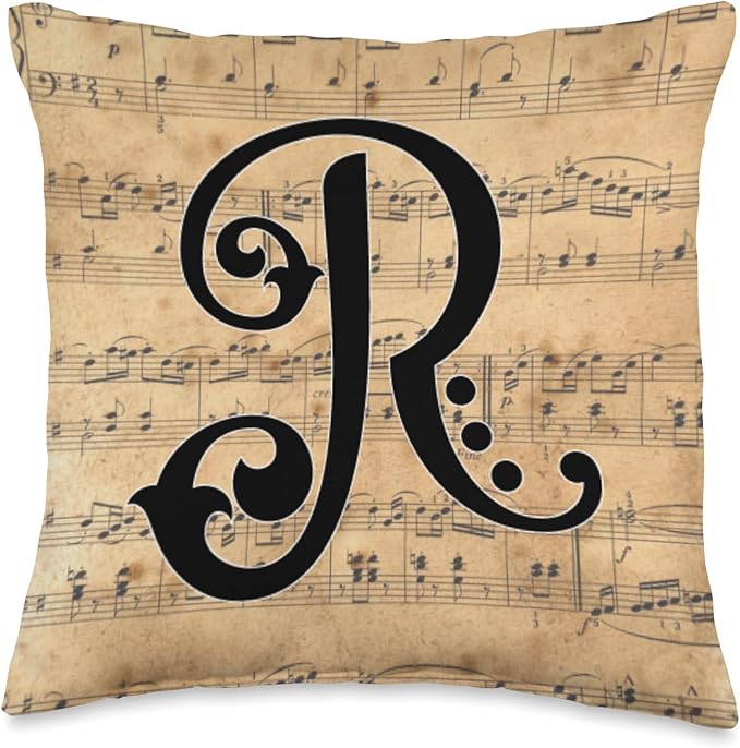 Monogram Initial of Capital Letter R on Vintage Sheet Music Throw Pillow