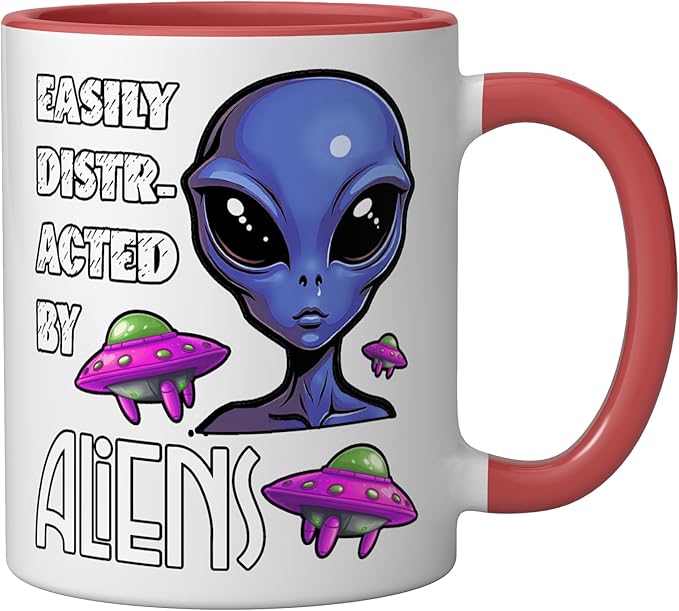 Easily Distracted By Aliens Funny Sci Fi Apparel Design Ceramic Mug, Red/White