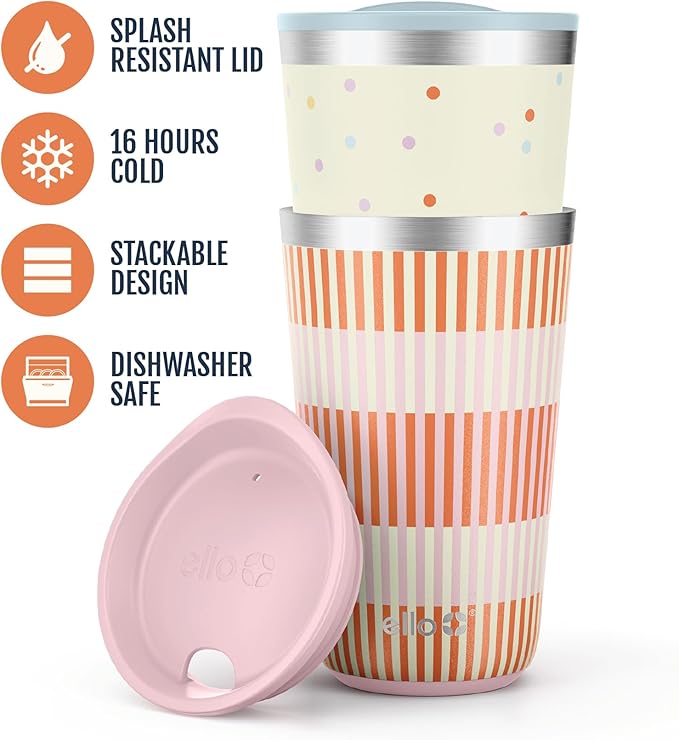 Ello 2 Pack 16oz Stainless Steel Stacking Cups with Easy Press Lids | Pint Size Reusable Tumblers for Parties, Home, Camping, Outdoor | Keeps Cold for 16 Hours, Dishwasher Safe | Stripes & Dots