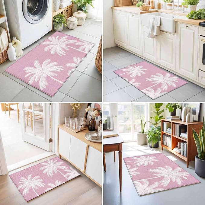 Area Rug 2x3ft, Boho Pink Palm Trees Vintage Washable Rugs for Living Room Bedroom, Summer Tropical Leaves Soft Non-Slip Area Rugs Rectangle Floor Carpet for Dining Room