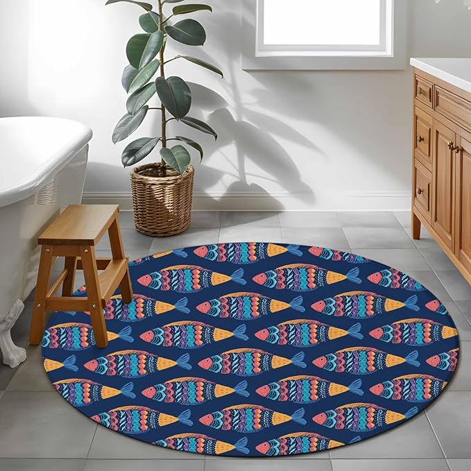 Washable Round Area Rug Ethnic Style Ocean Fish Circle Rugs Floor Carpet for Living Room Bedroom, Watercolor Marine Life on Navy Blue Soft Non Slip Round Rug 4ft