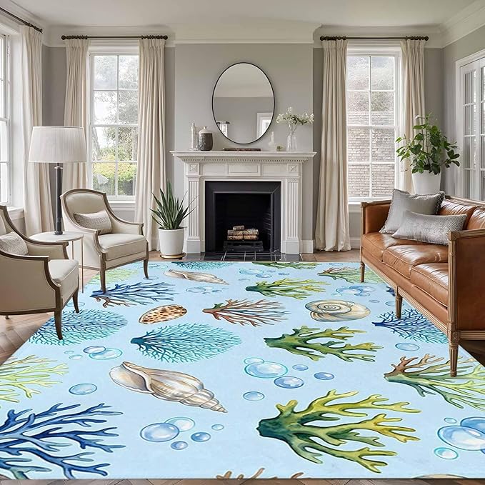 Area Rug 9x12ft, Coastal Shell Coral Bubble Washable Rugs for Living Room Bedroom Rectangle Floor Carpet, Nautical Ocean Blue Underwater Scene Soft Non-Slip Area Rugs for Dining Room