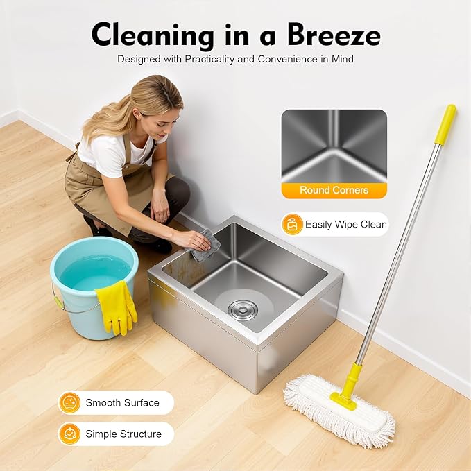 Utility Floor Mount Mop Basin, 22 * 19in Stainless Steel Single Bowl Commercial Sink, Restaurant Kitchen Sink, Accommodating Sink Space, For Home, Restaurant, Hotel, Bar, Laundry Room.