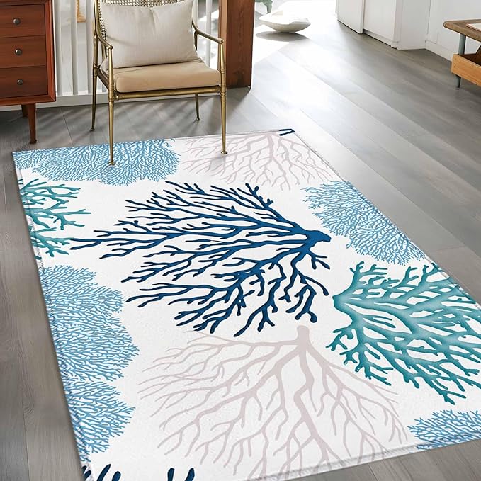 Area Rug 3x5ft, Classic Sea Blue Coral Washable Rugs for Living Room Bedroom, Abstract Marine Life Scenery Soft Non-Slip Area Rugs Rectangle Floor Carpet for Dining Room