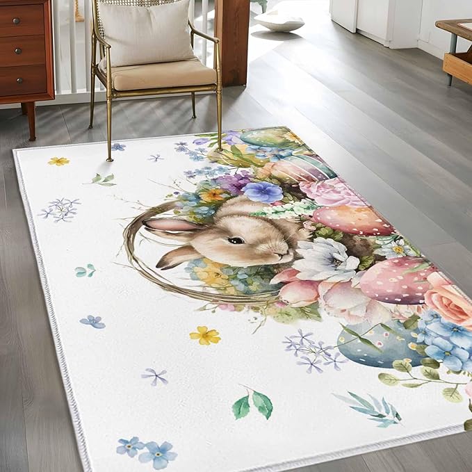 Area Rug 3x5ft, Easter Egg Spring Flower Cute Rabbit Washable Rugs for Living Room Bedroom, Blossom Floral on White Soft Non-Slip Area Rugs Rectangle Floor Carpet for Dining Room