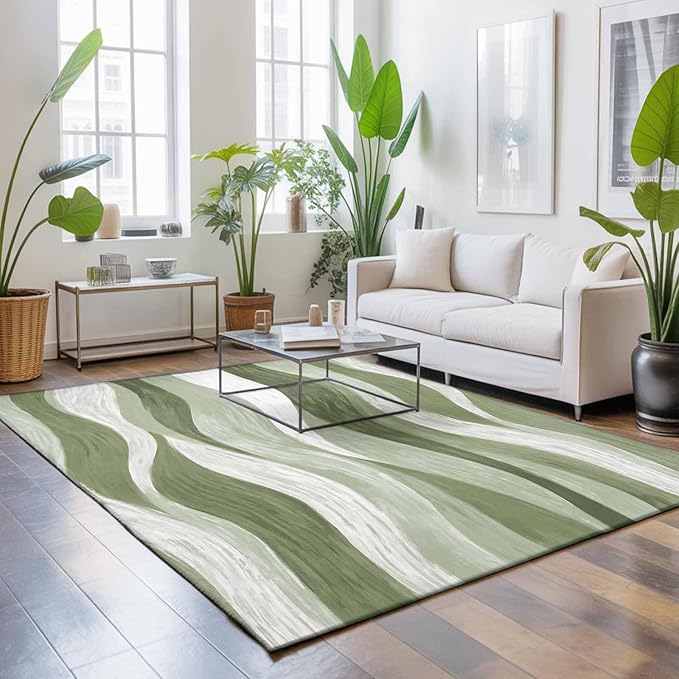 Area Rug 9x12ft, Modern Sage Green Gradient Stripe Washable Rugs for Living Room Bedroom Rectangle Floor Carpet, Abstract Ocean Wave Soft Non-Slip Area Rugs for Dining Room
