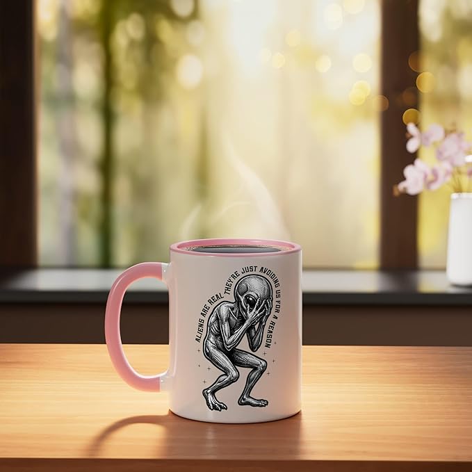 Aliens UFO Space Sci Fi Believer Extraterrestrial Ceramic Mug, Pink/White