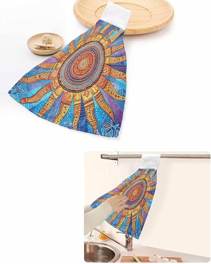Alandar Home Kitchen Tie Towel Set of 2, Abstract Boho Sun Floral Absorbent Soft Hand Towels for Bathroom Hanging Towels, Retro Bohemian Pattern Fast Drying Cleaning Cloth with Loop