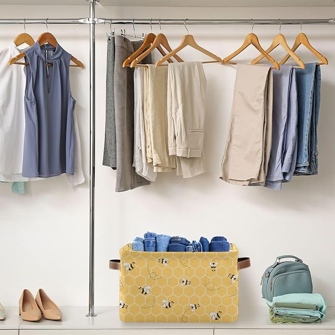 Rectangular Storage Bin Bee Yellow Airy Print Storage Baskets with Handles Toy Bins Shelf Basket for Nursery Room Kids Toy Pets Closet