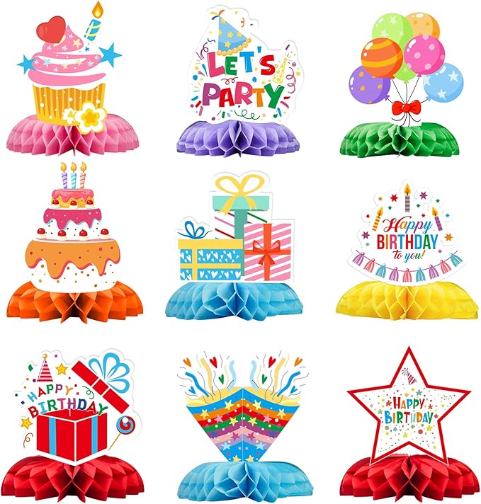 Happy Birthday Decorations Set - 9PCS Birthday Honeycomb Centerpieces for Table, Colorful Themed Table Decoration for Birthday Party Supplies