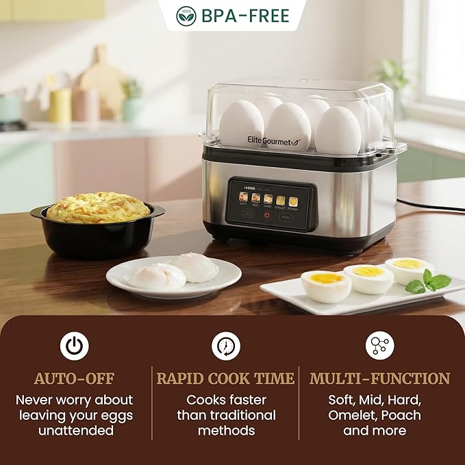 Elite Gourmet Digital Egg Cooker, 6 Egg Capacity, Soft/Medium/Hard Boiled, Poach & Omelet, One-Touch Graphic Display, Auto Shut-Off, Stainless Steel Heating Plate & Housing