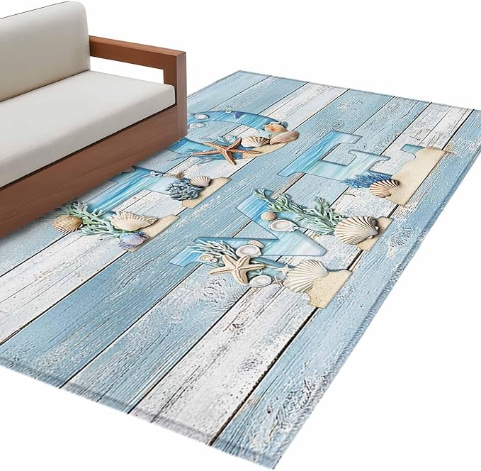 Area Rug 4x6ft, Summer Ocean Beach Shell Home Quote Washable Rugs for Living Room Bedroom, Farm Blue Wood Board Soft Non-Slip Area Rugs Rectangle Floor Carpet for Dining Room