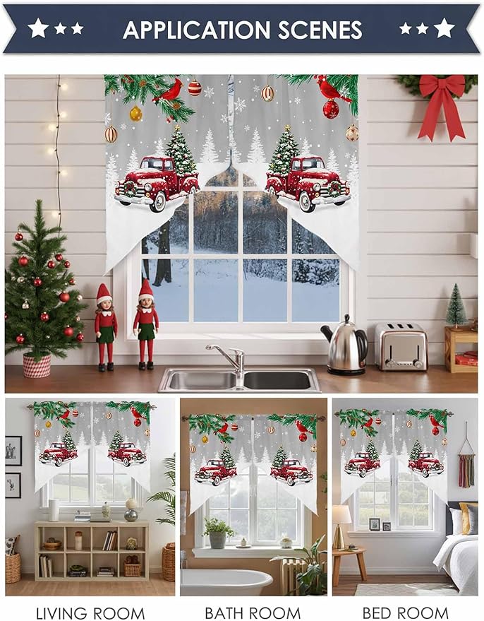 Red Christmas Truck Swag Valance Curains Winter Car with Xmas Tree Leaf Bird Grey Rod Pocket Kitchen Curtains Scalloped Window Treatment Valances Swag for Living Room Bedroom, 1 Pair, 36" W x 45" L