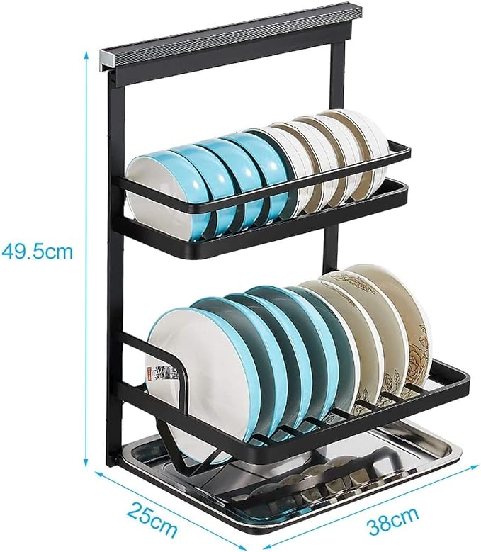 Kitchen Supplies 2-Layer Wall-Mounted Dish Rack Black Storage Kitchen Drain Rack for Storage of Dishes/Kitchenware 49.5 25 38Cm Gifts for Ladies
