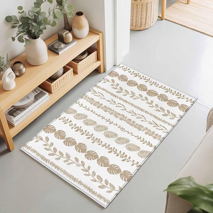 Area Rug 2x3ft, Farmhouse Monstera Leaf Seamless Washable Rugs for Living Room Bedroom, Summer Rustic Abstract Leaves Soft Non-Slip Area Rugs Rectangle Floor Carpet for Dining Room