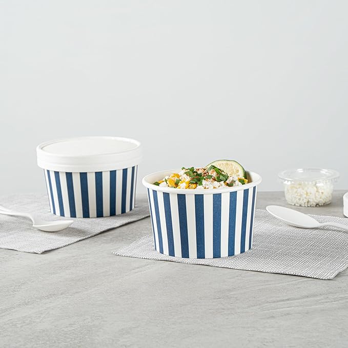 Coppetta 12 Ounce Dessert Cups, 200 Disposable Ice Cream Cups - Lids Sold Separately, Sturdy, Blue And White Paper FroYo Bowls, Striped, For Hot And Cold Foods, Perfect For Gelato - Restaurantware