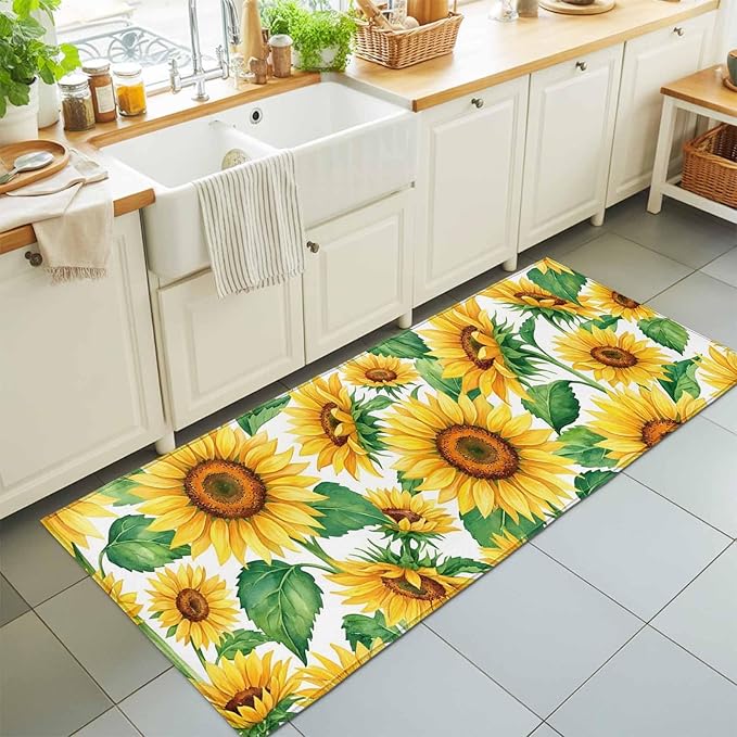 Runner Rug for Bedroom Hallway, Summer Garden Sunflower Leaves Kitchen Runner Rugs Area Rug 2x6ft, Farm Blossom Floral Washable Soft Floor Carpet for Entryway Stair