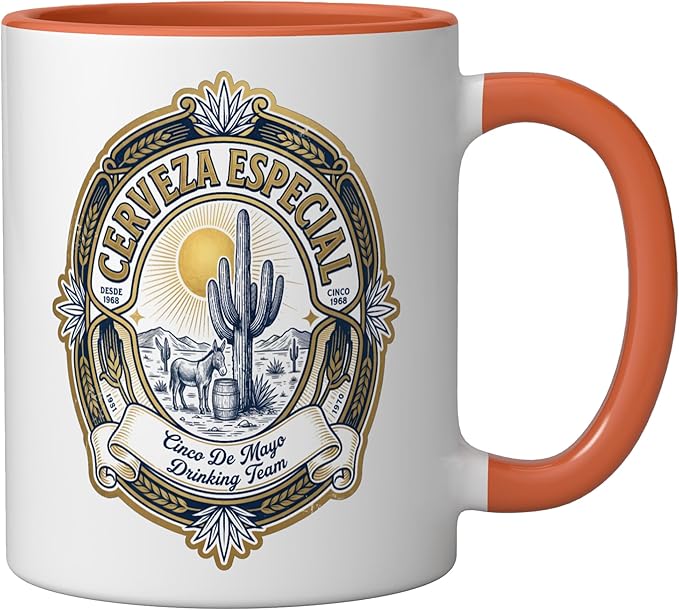 Beer Label Cerveza Cinco De Mayo Drinking Team Ceramic Mug, Orange/White
