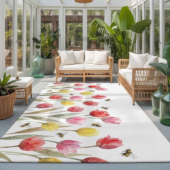 Area Rug 3x5ft, Red Pink Yellow Tulips Bees Washable Rugs for Living Room Bedroom, Watercolor Flower Leaves Soft Non-Slip Area Rugs Rectangle Floor Carpet for Dining Room