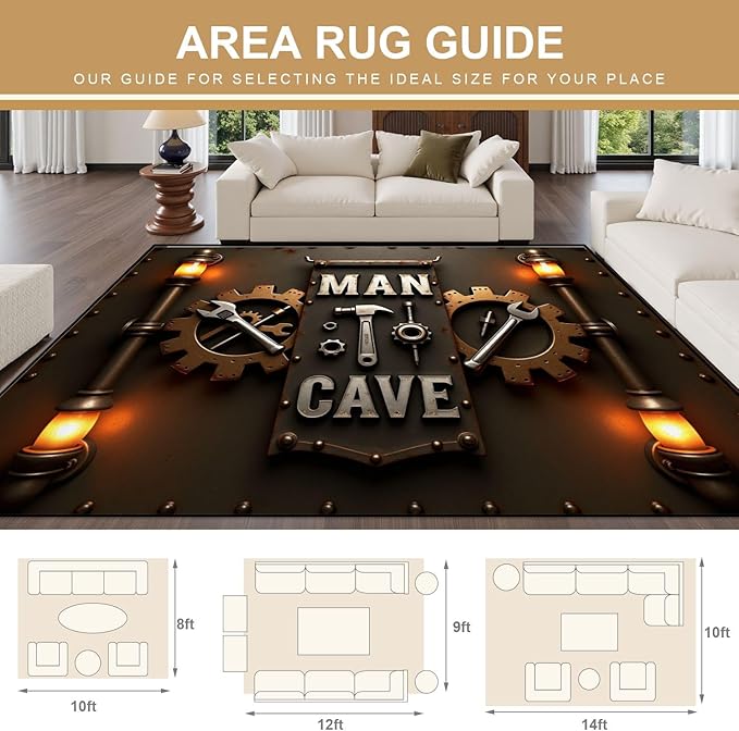 9x12 Area Rugs for Bedroom Boho Washable Man Cave Rug for Living Room Industrial Steampunk Man Cave Sign Tools Gears Soft Rubber Backed Non-Slip Large Carpets for Boys