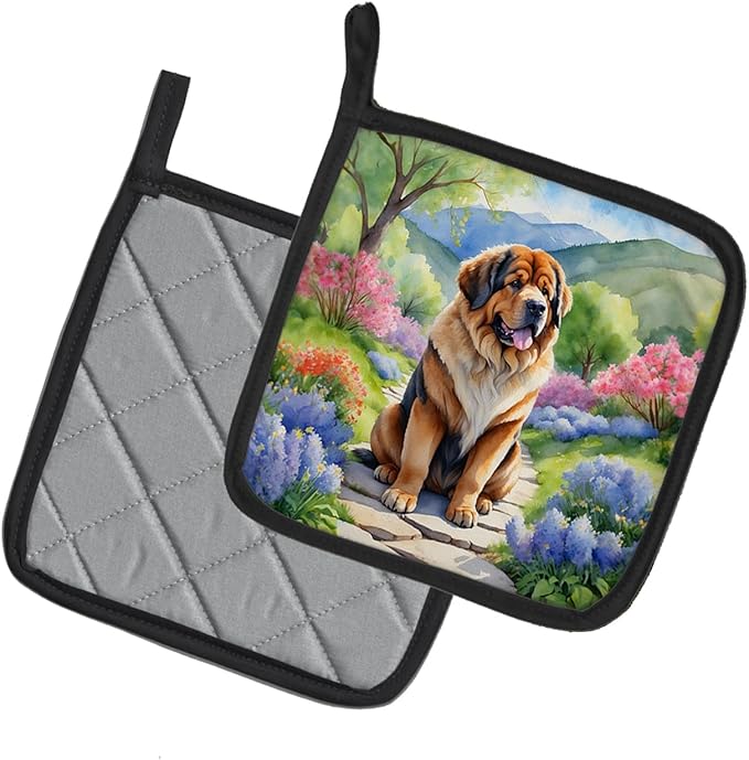 Caroline's Treasures Tibetan Mastiff Spring Path Pair of Pot Holders Kitchen Heat Resistant Pot Holders Sets Oven Hot Pads for Cooking Baking BBQ, 7 1/2 x 7 1/2