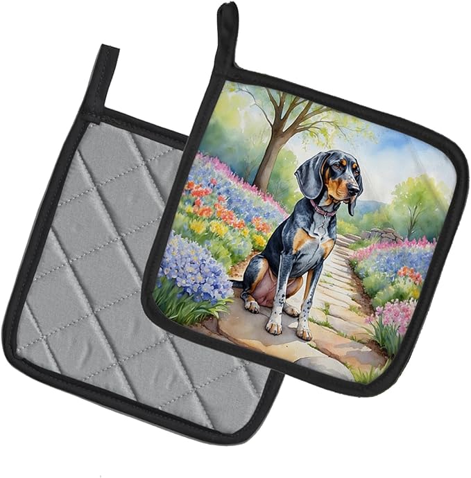 Caroline's Treasures Bluetick Coonhound Spring Path Pair of Pot Holders Kitchen Heat Resistant Pot Holders Sets Oven Hot Pads for Cooking Baking BBQ, 7 1/2 x 7 1/2