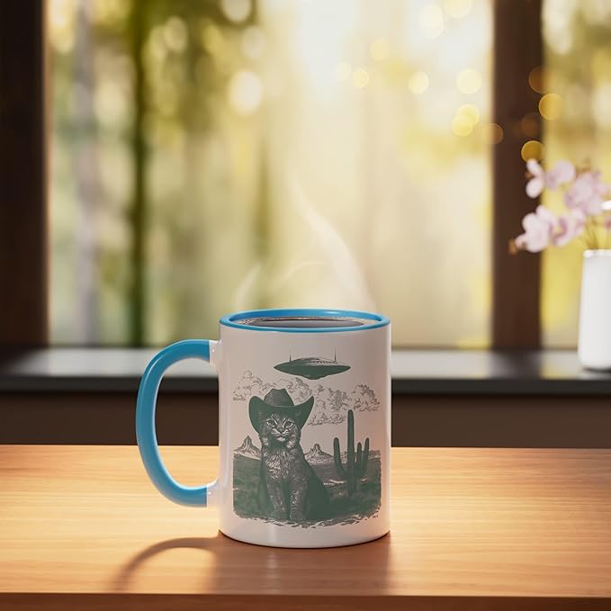 Feline in Hat UFO Sighting Arid Wilderness Cat Design Ceramic Mug, Blue/White