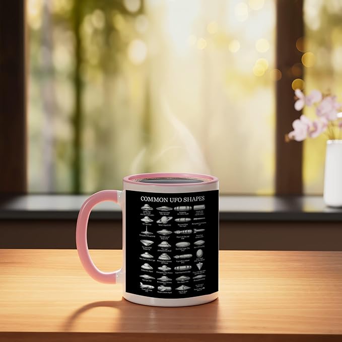 Common UFO Shapes Vintage Chart Alien Flying Saucer Ceramic Mug, Pink/White