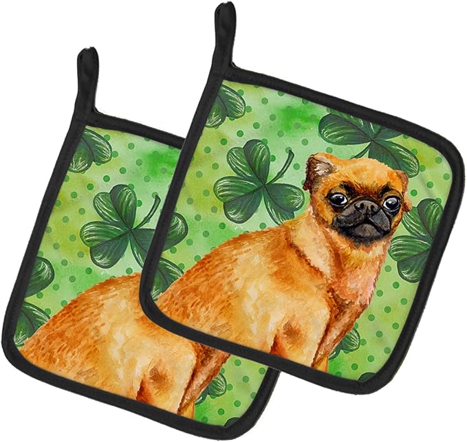 Caroline's Treasures BB9841PTHD Small Brabant Griffon St Patrick's Pair of Pot Holders, Green Kitchen Heat Resistant Pot Holders Sets Oven Hot Pads for Cooking Baking BBQ, 7 1/2 x 7 1/2
