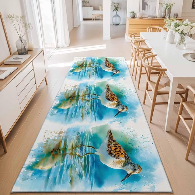 Runner Rug for Bedroom Hallway, Natural Lake Bird Water Reflection Kitchen Runner Rugs Area Rug 2x6ft, Animal Splatter Art Washable Soft Floor Carpet for Entryway Stair