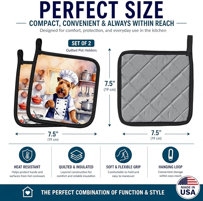 Caroline's Treasures Welsh Terrier The Chef Pair of Pot Holders Kitchen Heat Resistant Pot Holders Sets Oven Hot Pads for Cooking Baking BBQ, 7 1/2 x 7 1/2