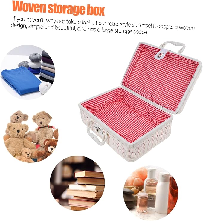 COLLBATH Simulated Rattan Woven Storage Box with Lid Handwoven Decorative Suitcase for Organizing Clothes Toys and Accessories Vintage Wicker Storage Basket for Home Decor