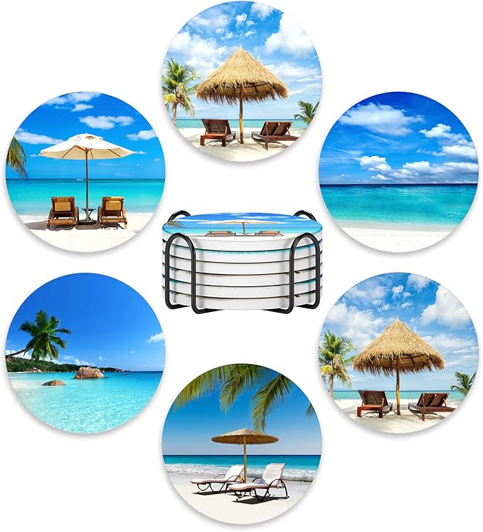 Nipichsha Coasters for Drinks, Set of 6 Cute Absorbent Ceramic Drink Coasters for Cup with Holder and Cork Base, Kitchen Home Decor Housewarming Gift, Round 4 in, Happy Beach