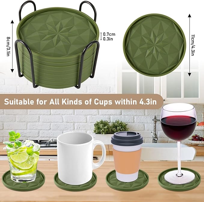 OIAHOMY 8 Pcs Coasters with Holder for Beer, Coffee, Silicone Coaster Set for Table Decor for Kitchen, Bar, Dining Room, Living Room, Housewarming Gifts - Green