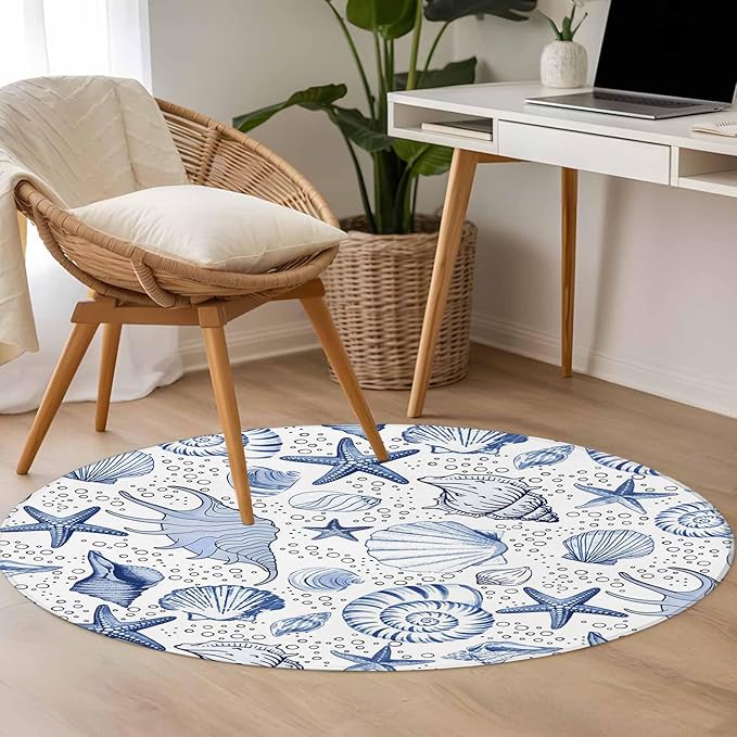 Washable Round Area Rug Navy Blue Starfish Conch Shell Seamless Circle Rugs Floor Carpet for Living Room Bedroom, Summer Ocean Bubbles Soft Non Slip Round Rug 3ft
