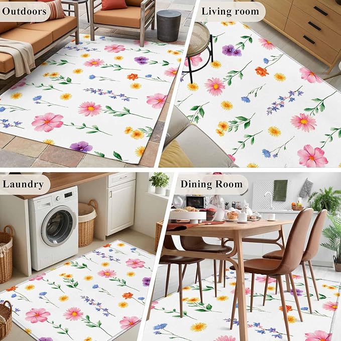 Area Rug 3x5ft, Watercolor Farmhouse Flower Washable Rugs for Living Room Bedroom, Yellow Pink Purple Blue Floral Soft Non-Slip Area Rugs Rectangle Floor Carpet for Dining Room