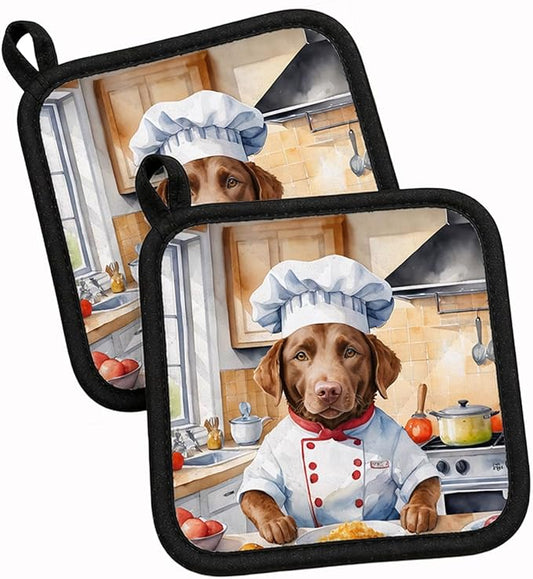 Caroline's Treasures Chesapeake Bay Retriever The Chef Pair of Pot Holders Kitchen Heat Resistant Pot Holders Sets Oven Hot Pads for Cooking Baking BBQ, 7 1/2 x 7 1/2