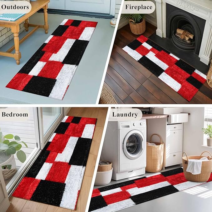 Runner Rug for Bedroom Hallway, Red Black White Gradient Kitchen Runner Rugs Area Rug 2x6ft, Abstract Color Block Washable Soft Floor Carpet for Entryway Stair
