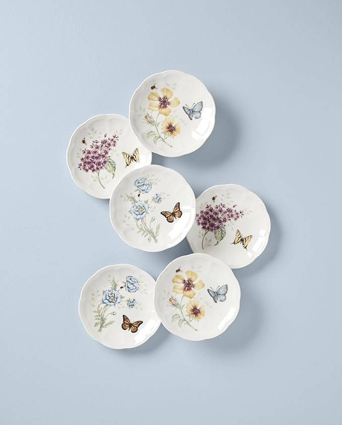 Lenox Dinnerware Set, Butterfly Meadow 6-Piece Tidbit Plate Set, Service For 6, Durable Porcelain Appetizer Plates, Dishwasher And Microwave Safe, Ceramic Plates, Salad Plate (Assorted, 6 Piece)