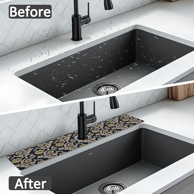 24" X 5.5" Kitchen Sink Splash Guard Faucet Mat Floral Flower Super Absorbent Fast Drying Faucet Guard & Draining Mat Sink Splash Guard Behind Faucet for Kitchen, Bathroom